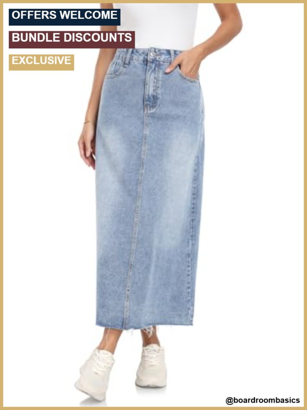 High Waisted Stretch Denim Midi Skirt A-Line Raw Hem with Pockets